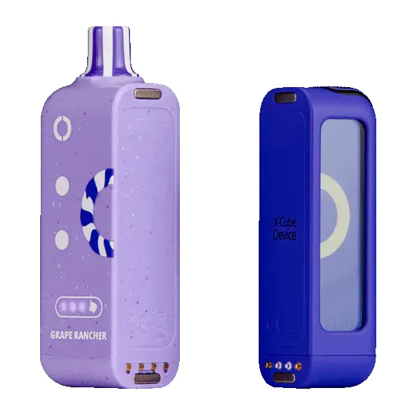 User holding a foger vape battery device with a satisfied expression in a modern vape shop setting