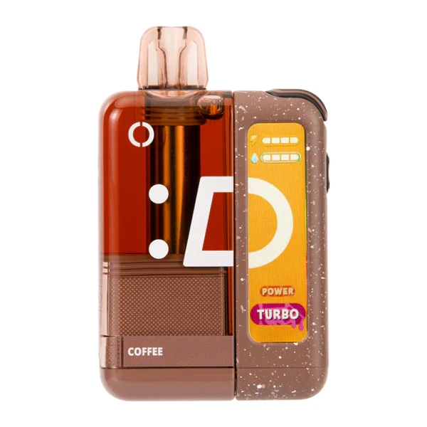 coffee vape pod system with crystal clear tank showing amber e-liquid