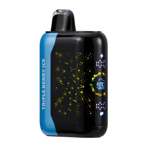 A person holding a pineapple ice vape device, taking a gentle draw, with vapor visible